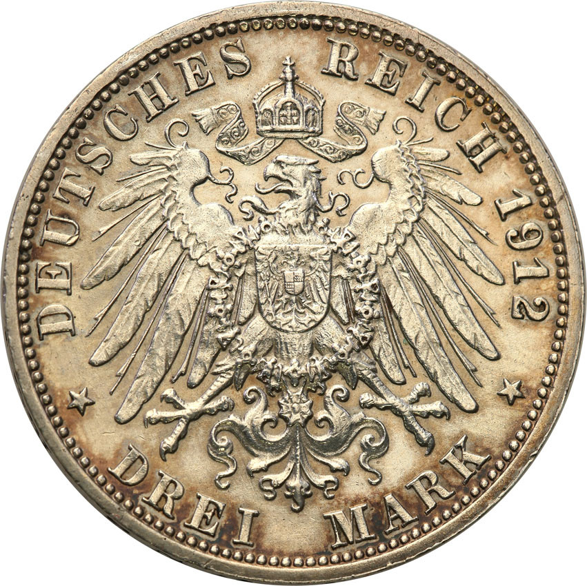 Niemcy, Wirttembergia. 3 marki 1912 F, Stuttgart